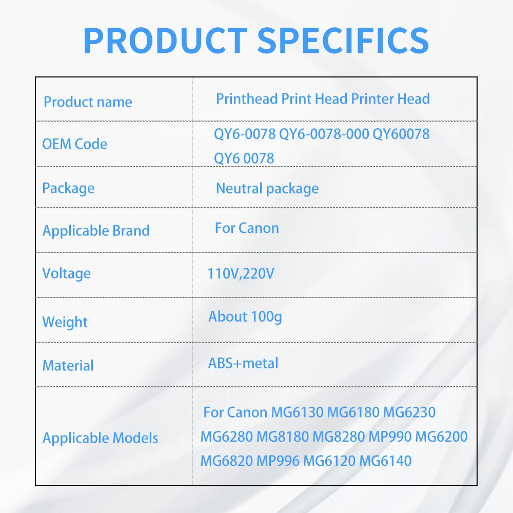 Compatible for QY6-0078 Printhead Replacement Part for Canon MP990 MP996 MG6120 MG6140 MG6180 MG6280 MG8120 MG8180 MG8280 MG6250