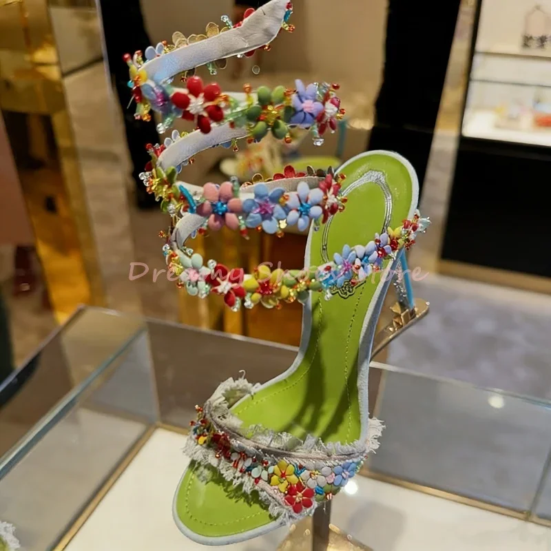 

Green Flower Lace String Bead Stiletto Sandals Women Snake Twine Open Toe Slingback High Heels Fashion Lovely Party Prom Shoes