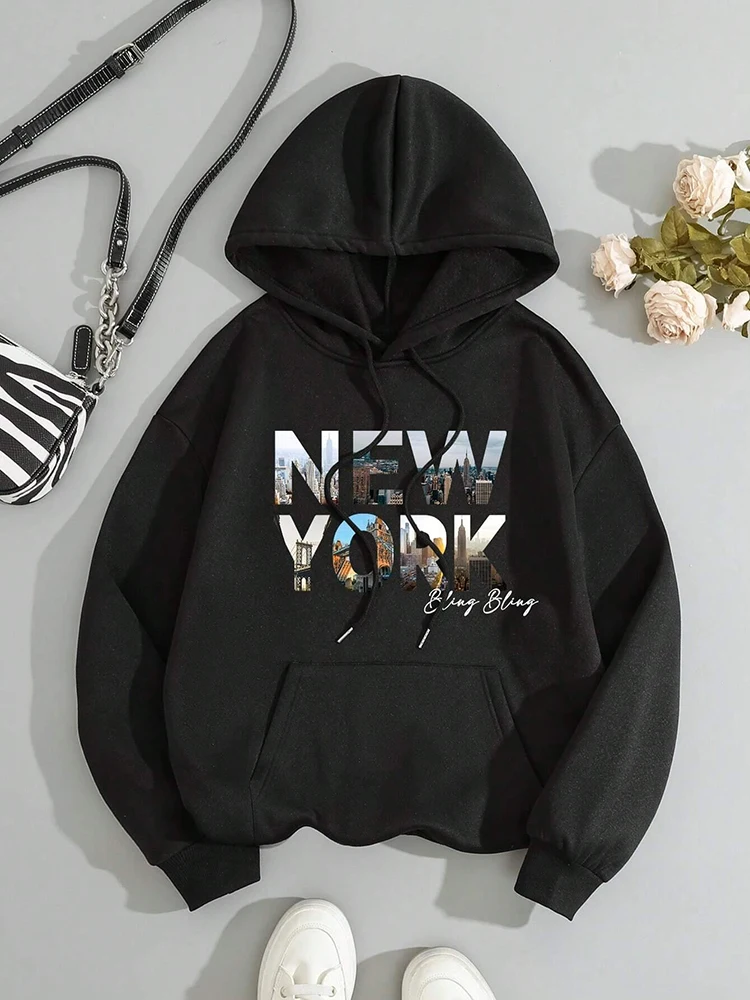 

New York Scenery Printing Sweatshirt Womens Autumn Soft Hooded simple Warm Comfortable Hoodie Street Oversize fashion Pullovers