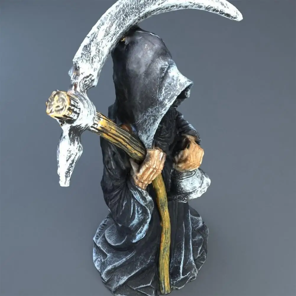 Dark Resin Statue Grim Reaper Statue Resin Hooded Figurine with Sickle Bell Spooky Tabletop Ornament for Home Office Decor Dark