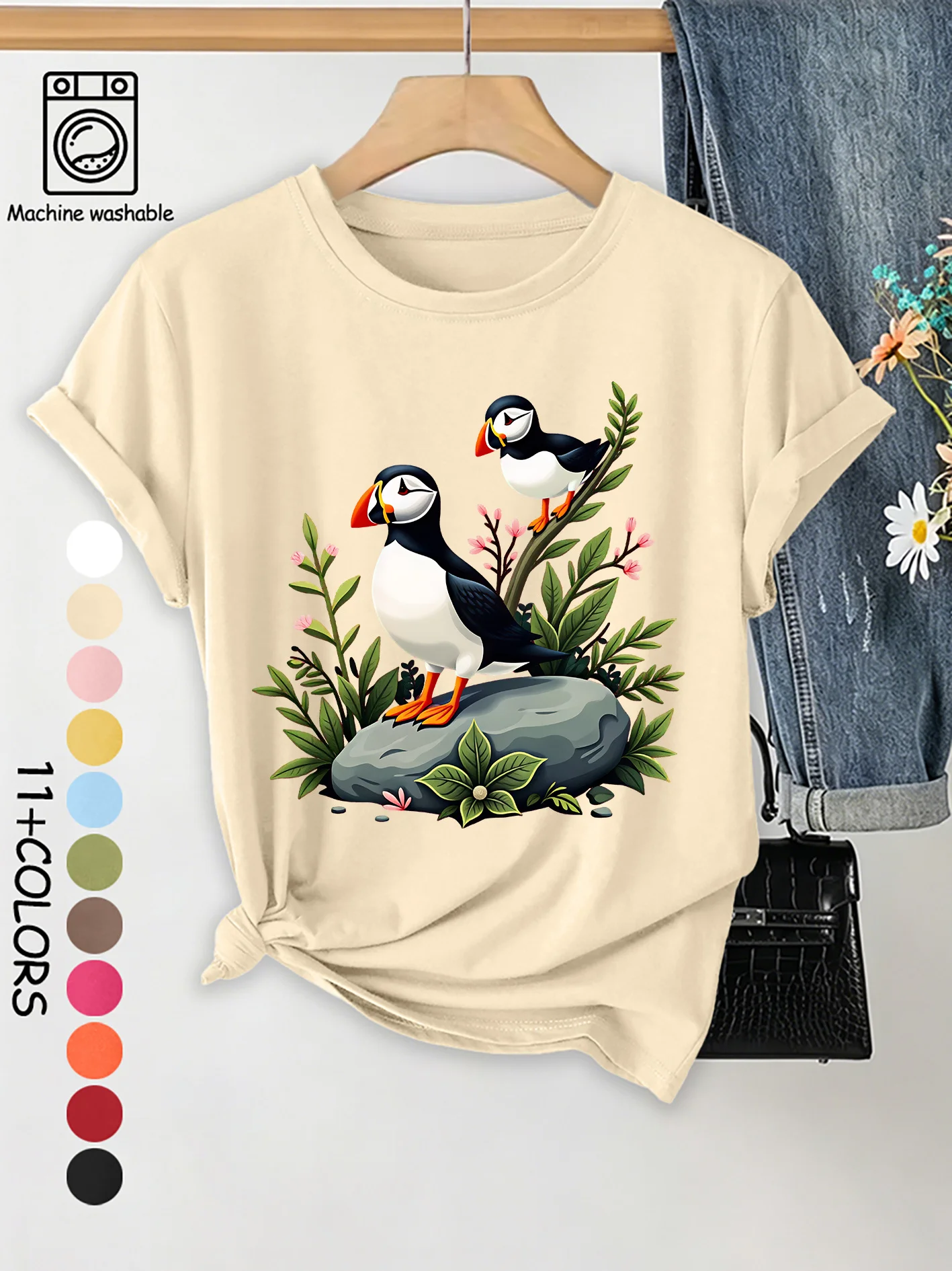 Summer New Women's Round Neck Puffin Print T-shirt Casual Top with Fun and Quirky Design, Playful Anti-aging Top