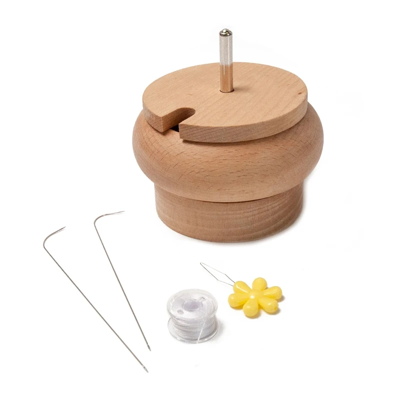 Wood Spinning Bead Bowl with 2 Beading Needle & Bead Thread Bead Spinner for Jewelry Making DIY Seed Beads Crafting Y08E