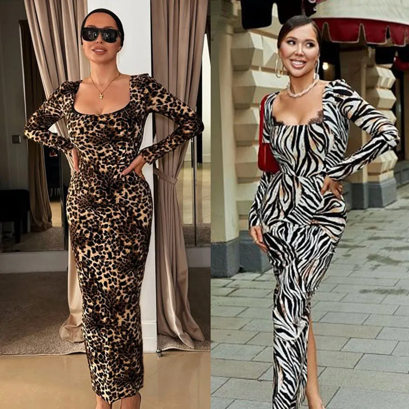 

Платья для женщин с длинным рукавом и круглым вырезом, женское платье с тонким разрезом и леопардовым принтом, набедренное платье, женское платье Vestidos De Verano Mujer