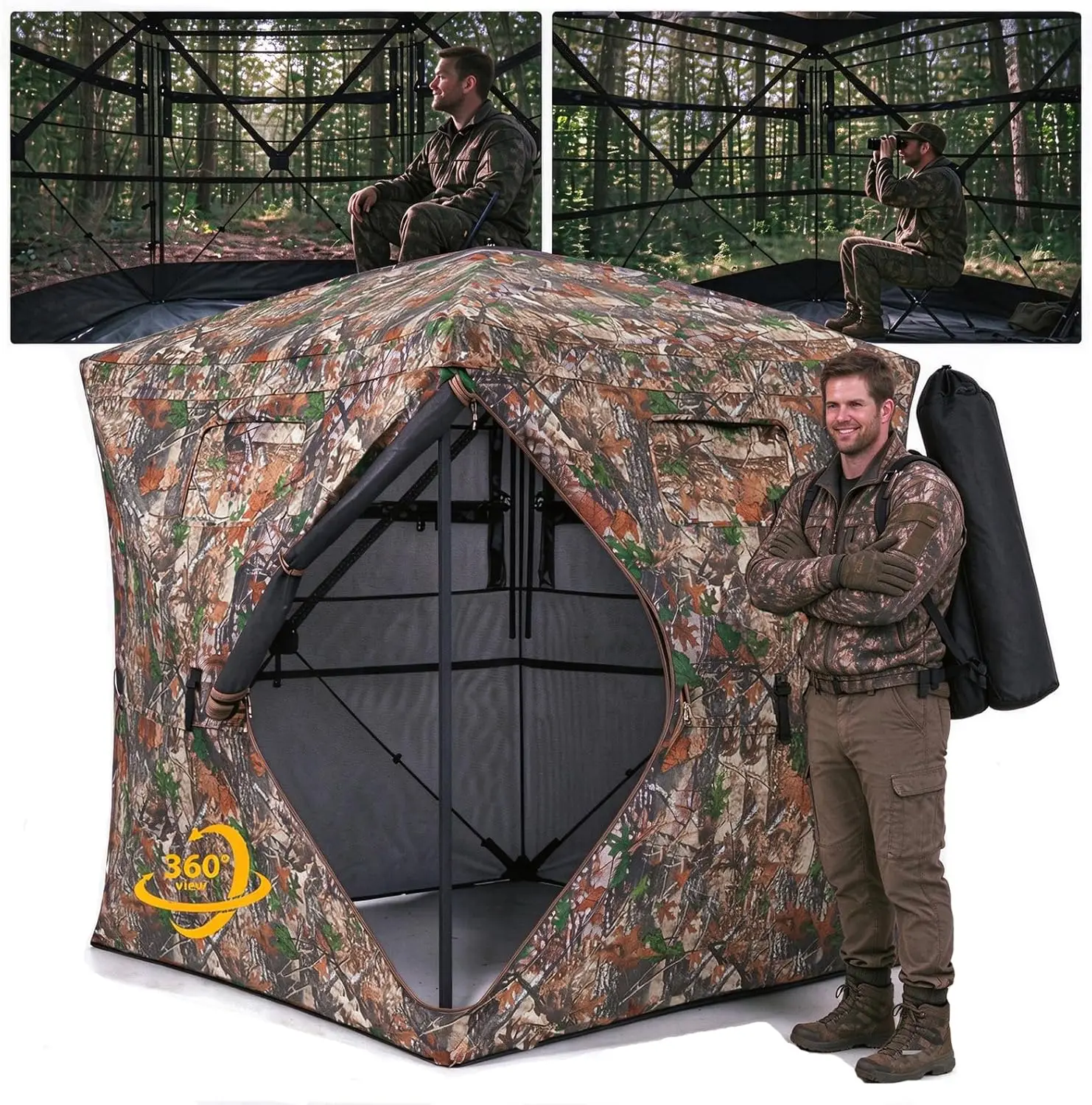 360° See Through Hunting Blind Pop Up Ground Blind W/Carry Bag Silent Sliding Windows Large Diamond Door Windproof Bottom Portable Carry Bag, Camo Concealed Shelter for Deer Turkey