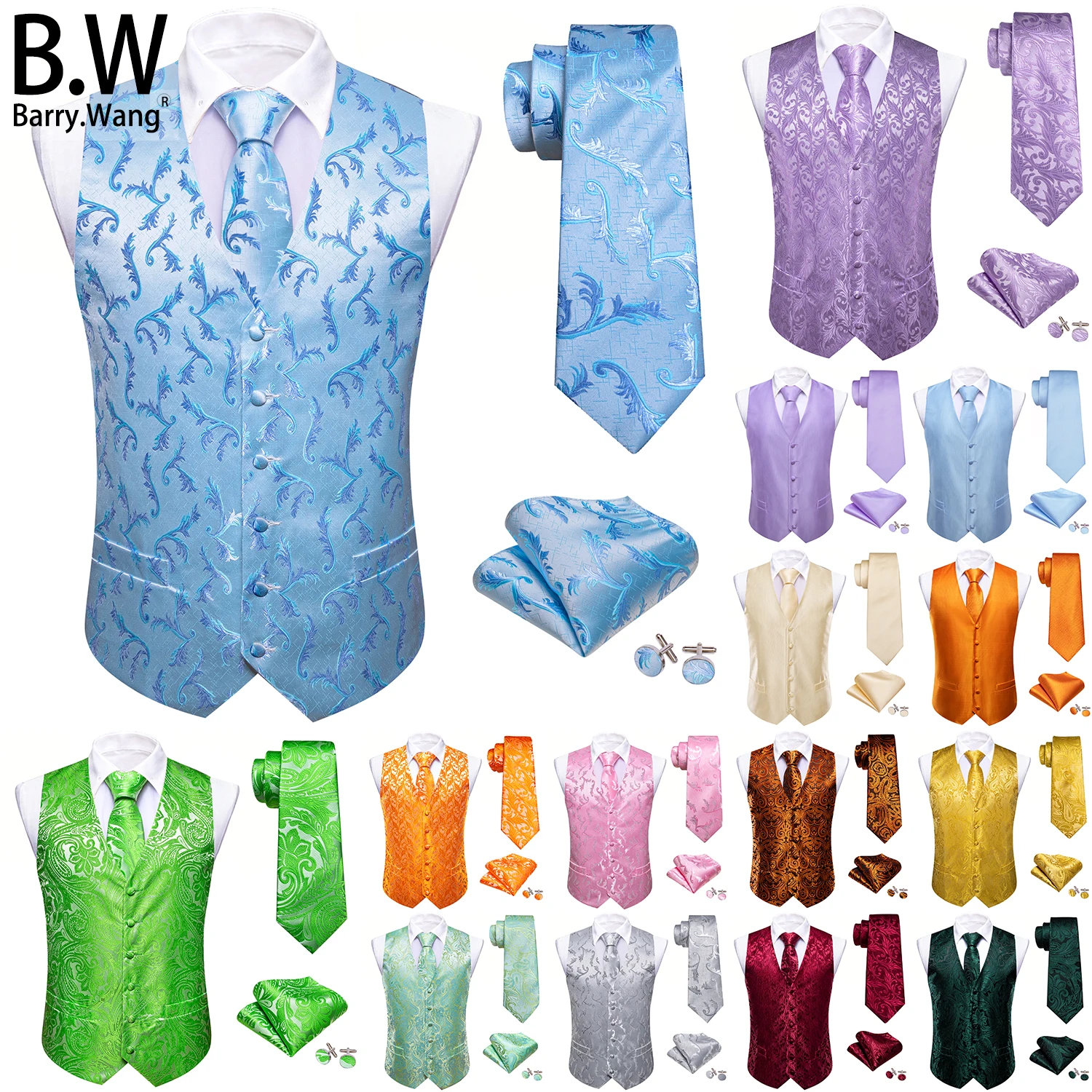 

Barry.Wang 100 Colors Silk Men Vest Tie Hanky Cufflinks Set Paisley Floral Waistcoat Jacquard Sleeveless Jacket Wedding Business