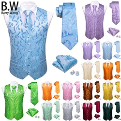 Barry.Wang 100 Colors Silk Men Vest Tie Hanky Cufflinks Set Paisley Floral Waistcoat Jacquard Sleeveless Jacket Wedding Business