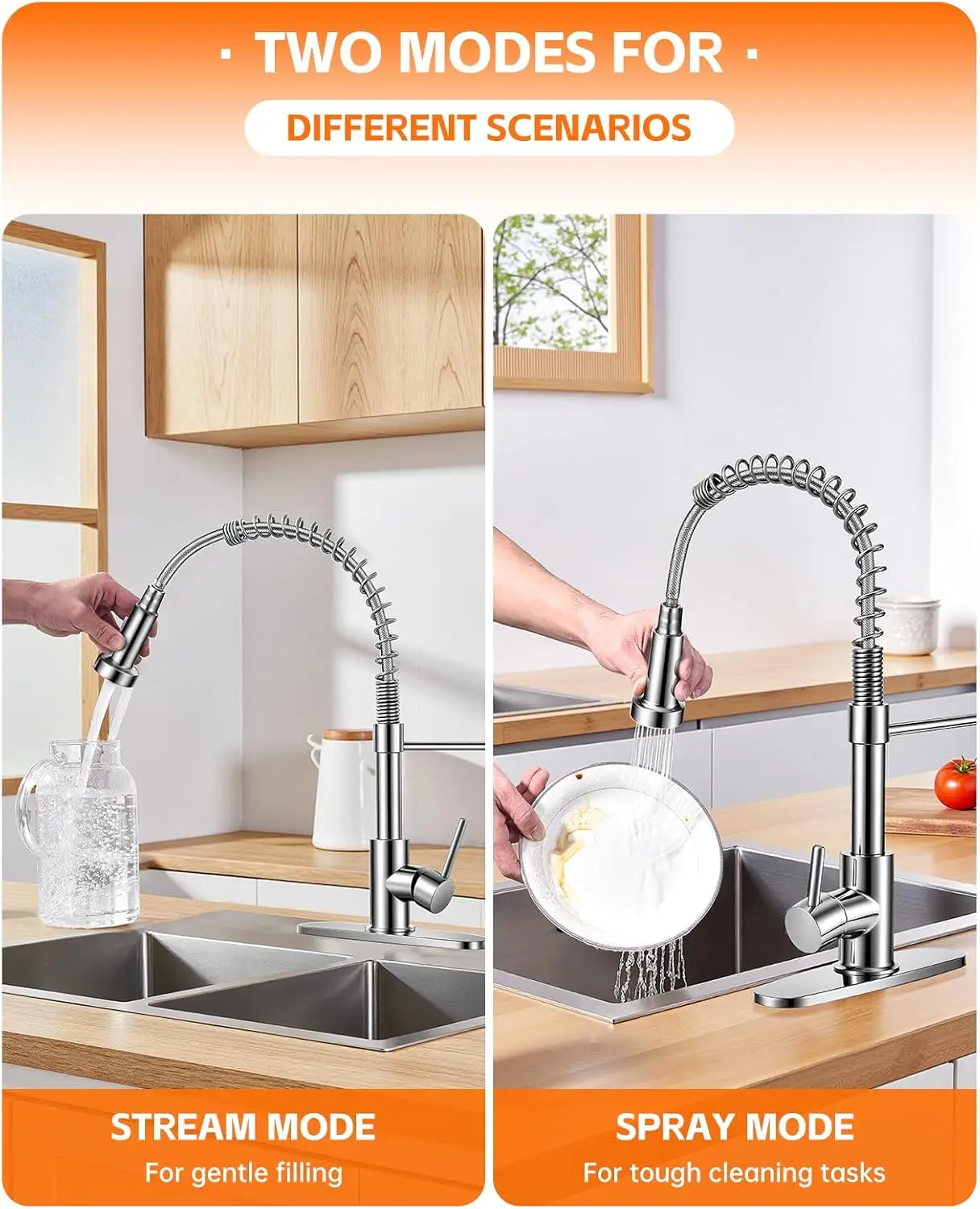 360 °   回転式キッチンシンク蛇口、スプレー付き、1/3穴、つや消しニッケル、引き出し式、キッチン、ランドリー、キャンピングカーに耐久性あり