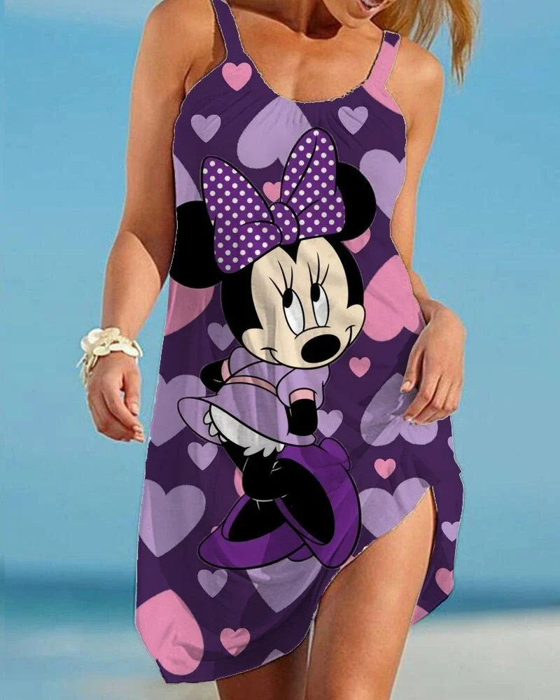 Disney  Minnie Cutenew Summer Sweet O-Neck Sling Mini Dress Women 2021 Elegant Casual Streetwear Sexy Mesh A-Line Lady Dress