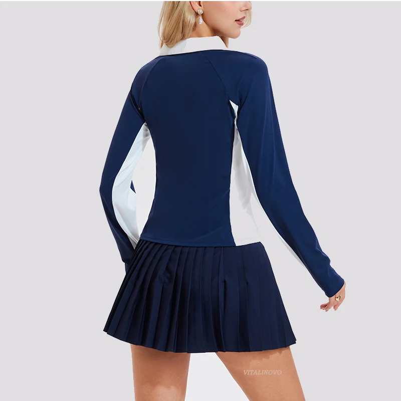VITALINOVO Damen 2-teiliges Tenniskleid, hoch taillierter Faltenrock, Skorts, Reißverschluss, Farbblock, Golf-Poloshirts, Pickleball Athletic – Detail 9