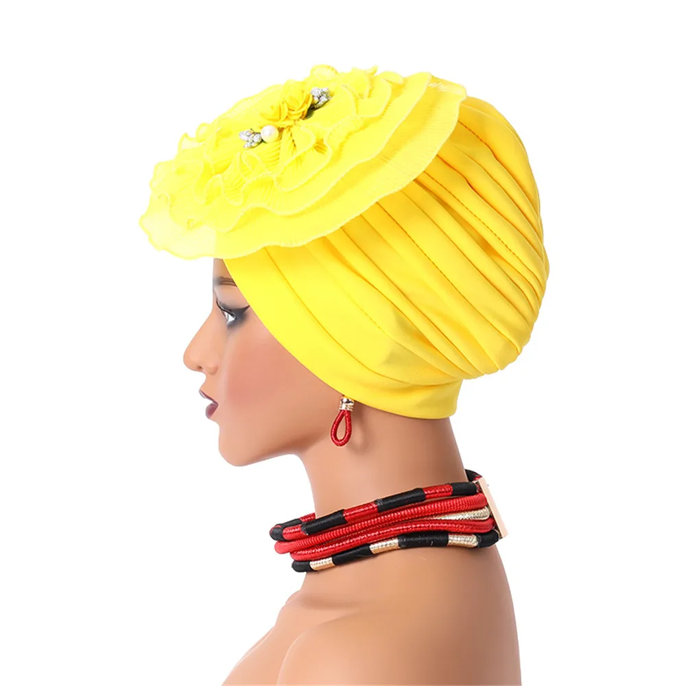 Big Flower Turban Cap for Women Pleated Head Wraps African Auto Gele Headtie Nigeria Wedding Party Headpiece