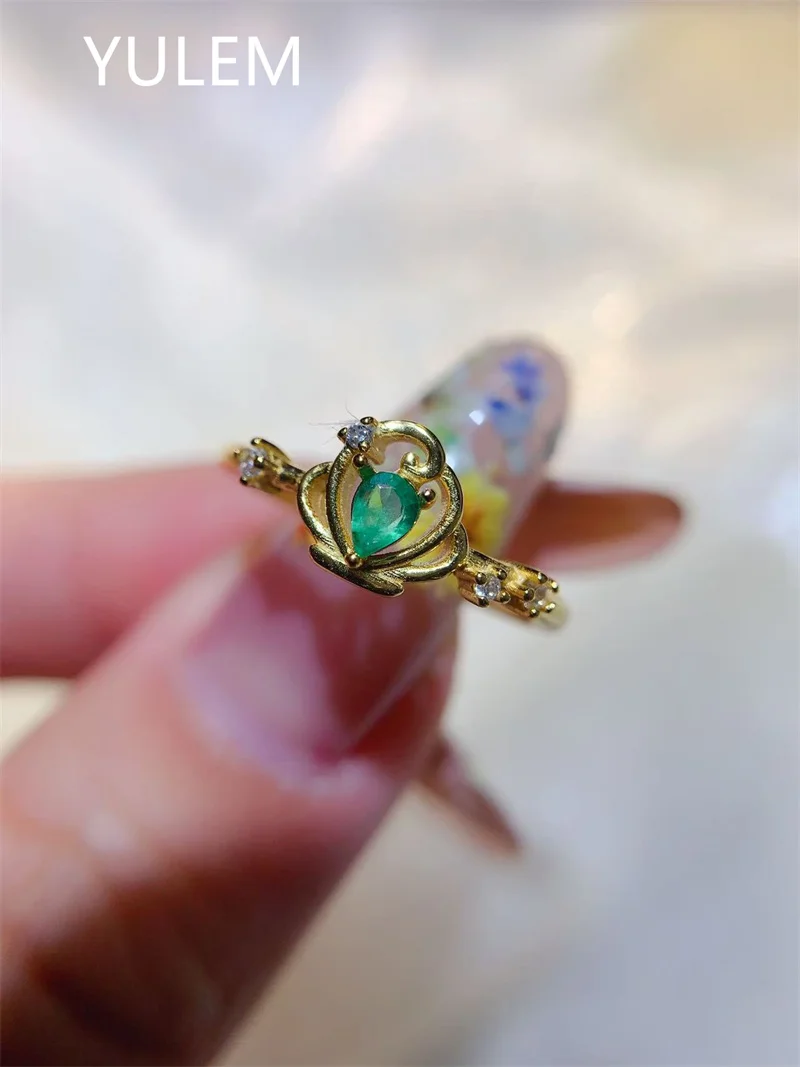 

YULEM Simple Water Drop Natural Emerald Silver Ring 3x4mm Fine Jewelry for Women Daily Wear