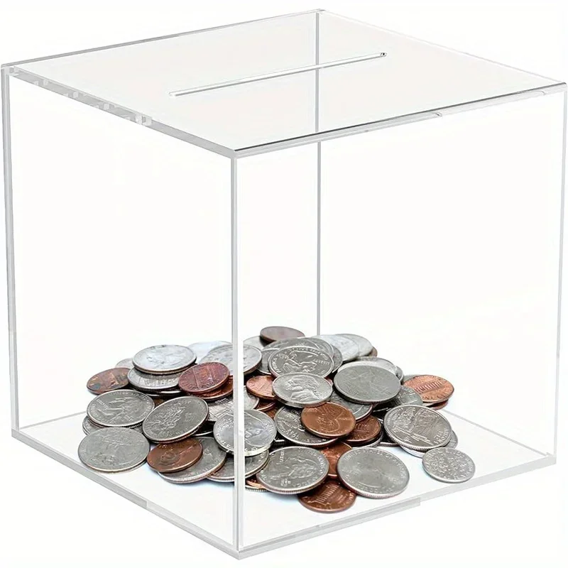 Square Transparent Acrylic Piggy Bank, Clear Hard Plastic Coin Bank, Money Box Cash Collector Container, One-Way Saving