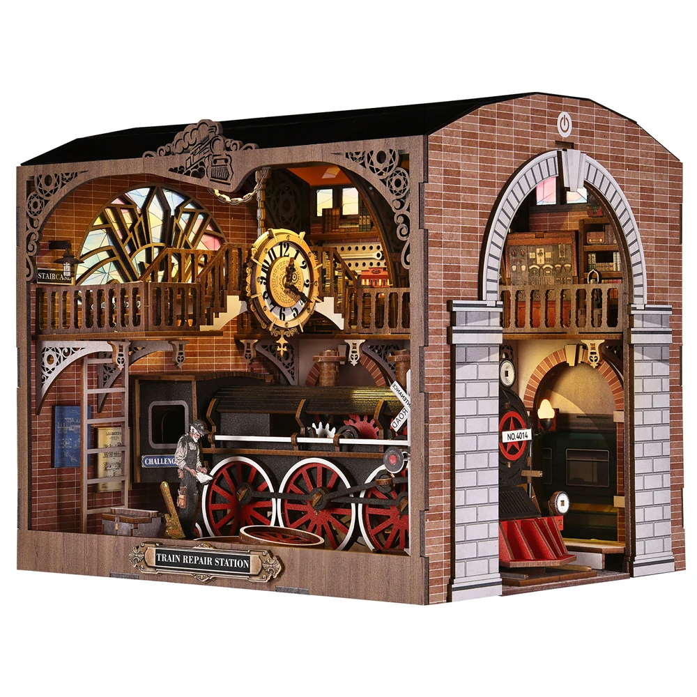 Kit de coin livre, Station de tram rétro 3D, Puzzle en bois, bibliothèque faite à la main, modèle de maison de poupée, serre-livres, décoration de la maison
