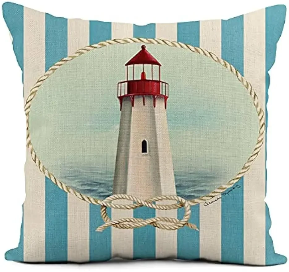 Linen throw pillowcase lighthouse sailing sea shell home décor pillowcase square cushion cover sofa cushion cover 45x45