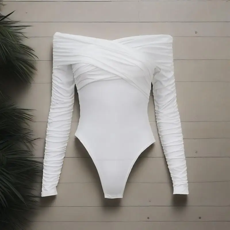 

2025 New women's solid color off-the-shoulder long-sleeved pleated sexy and elegant slimming one-piece top