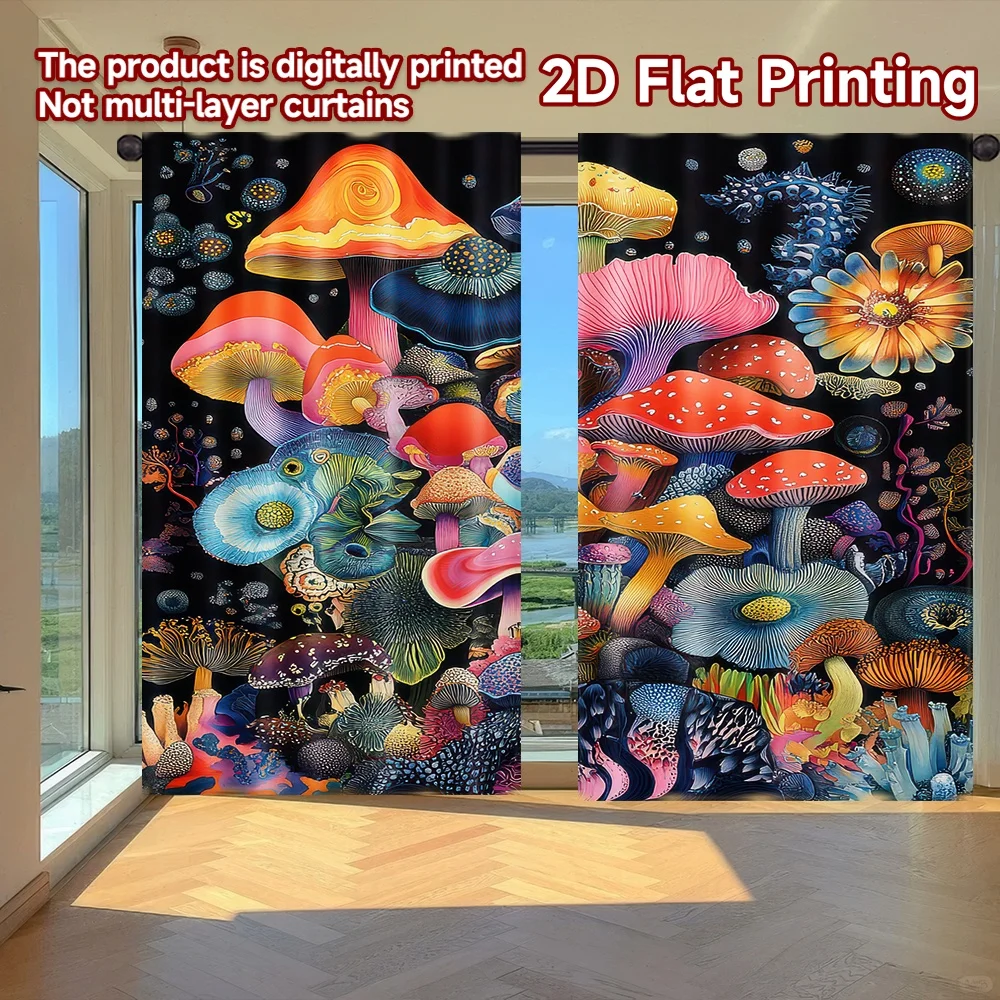 

2D flat printing 2pcs Curtain Colorful Fantasy Mushrooms Digital Printed Polyester Drapes Festive Curtains Use for Classroom