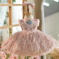 Jill Wish Elegant Pink Feathe Flower Girl Dress Lace Sleevelees Knee Length for Princess Wedding Birthday Party Ball Gown J164