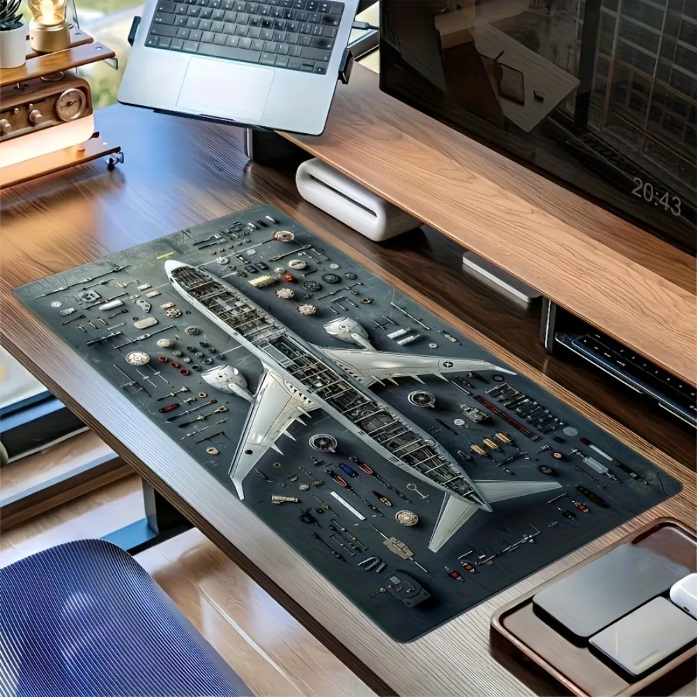 Flugzeug-Blauprint, großes Gaming-Mauspad, rutschfest, genähte Kanten, robuste Gummi-Schreibtischunterlage für Tastatur