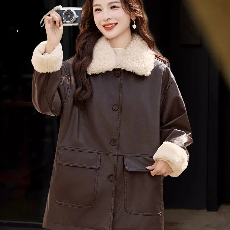Fashion Women's Wear New Mid-length Women's Mid-length Coat Fur Collar Fleece Autumn Winter Versatile Casual Warm Top Commuting