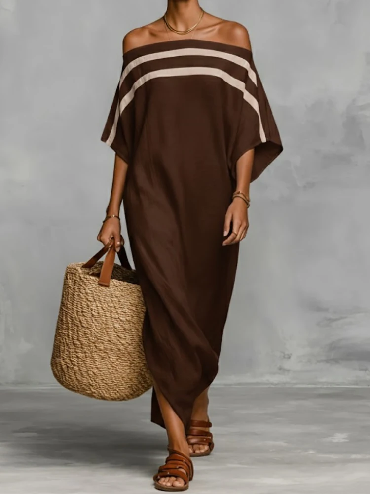 2026 Beach Style Half Sleeve Maxi Dress, Women Spring Summer Slash Neck Simple Party Dress, Solid Patchwork Chic Ladies Dresses