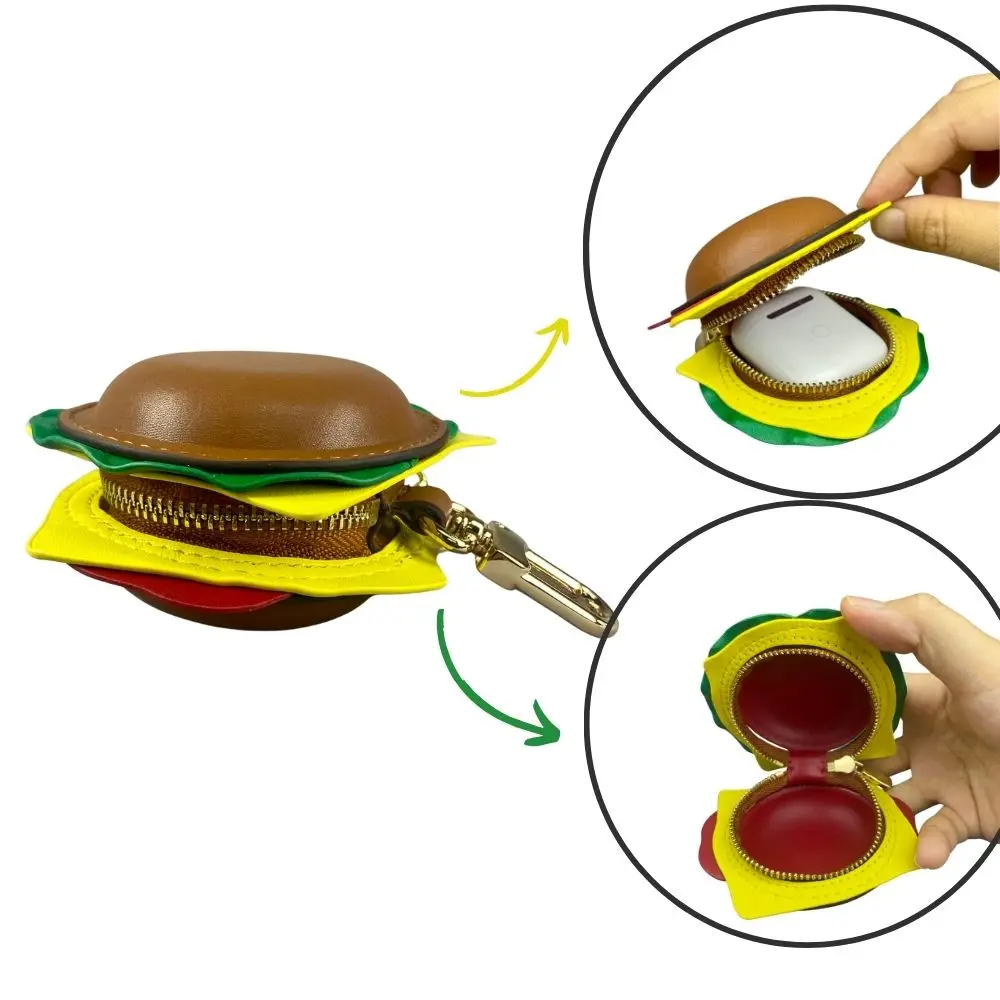 Llavero de cuero genuino hecho a mano con mini bolsa con cremallera para efectivo y artículos esenciales pequeños - Diseño de hamburguesa
