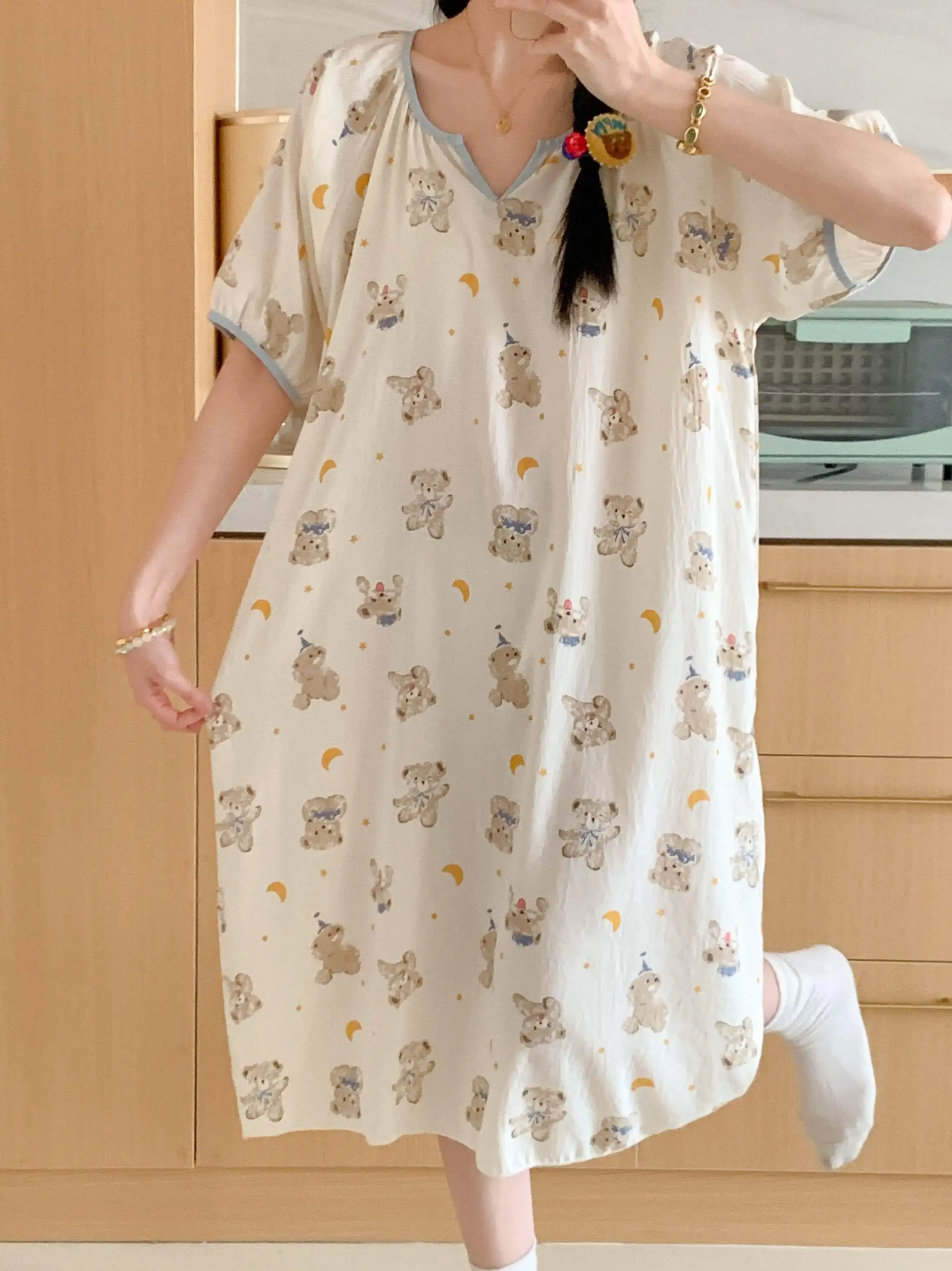 

Comfortable Cloud Cotton Wide Leg Cartoon Bear Print Sleep Dress Cute Girl Outwear Short Sleeve round Neck Nightgown for Women
