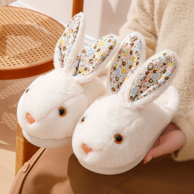 Kawaii Stand Floral Bunny Ears Slippers Woman Stereoscopic 3D Rabbit Fur Shoes Ladies Girls Flat Home Slippers Indoor Furry Shoe