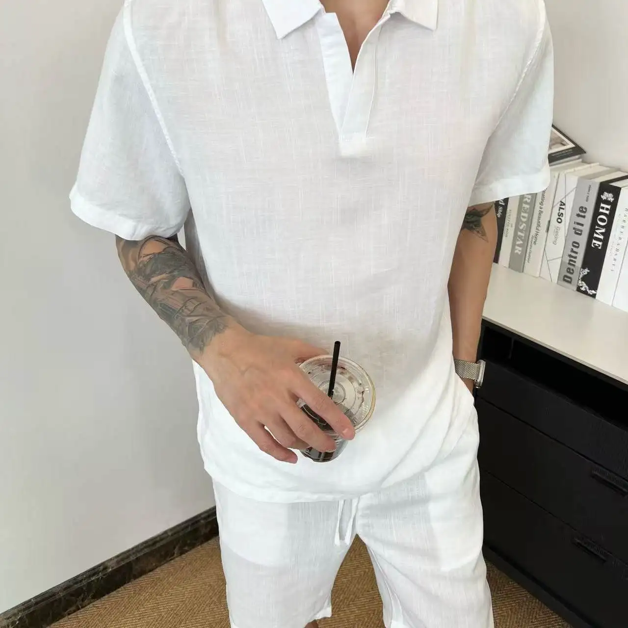 Italian Breathable Casual Short Sleeve Linen Blended Shorts Set