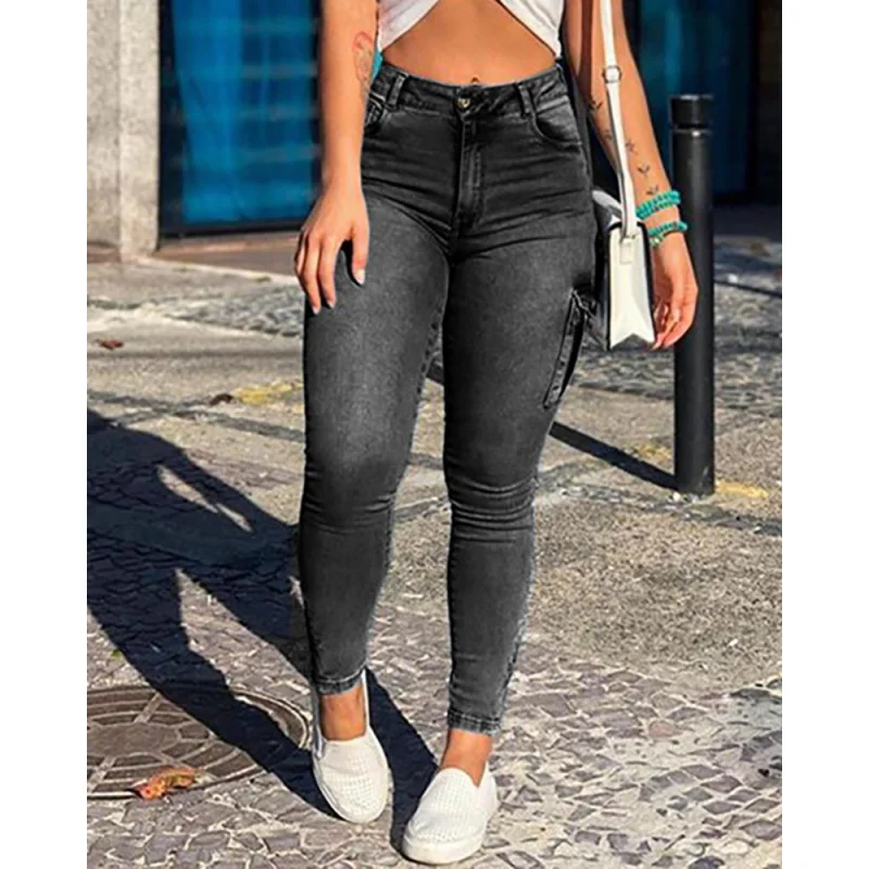 2023European and American New Style Zipper Pleated Women's Pants Pocket Fashion Slimming White Tower Women's High Waist Skinny J