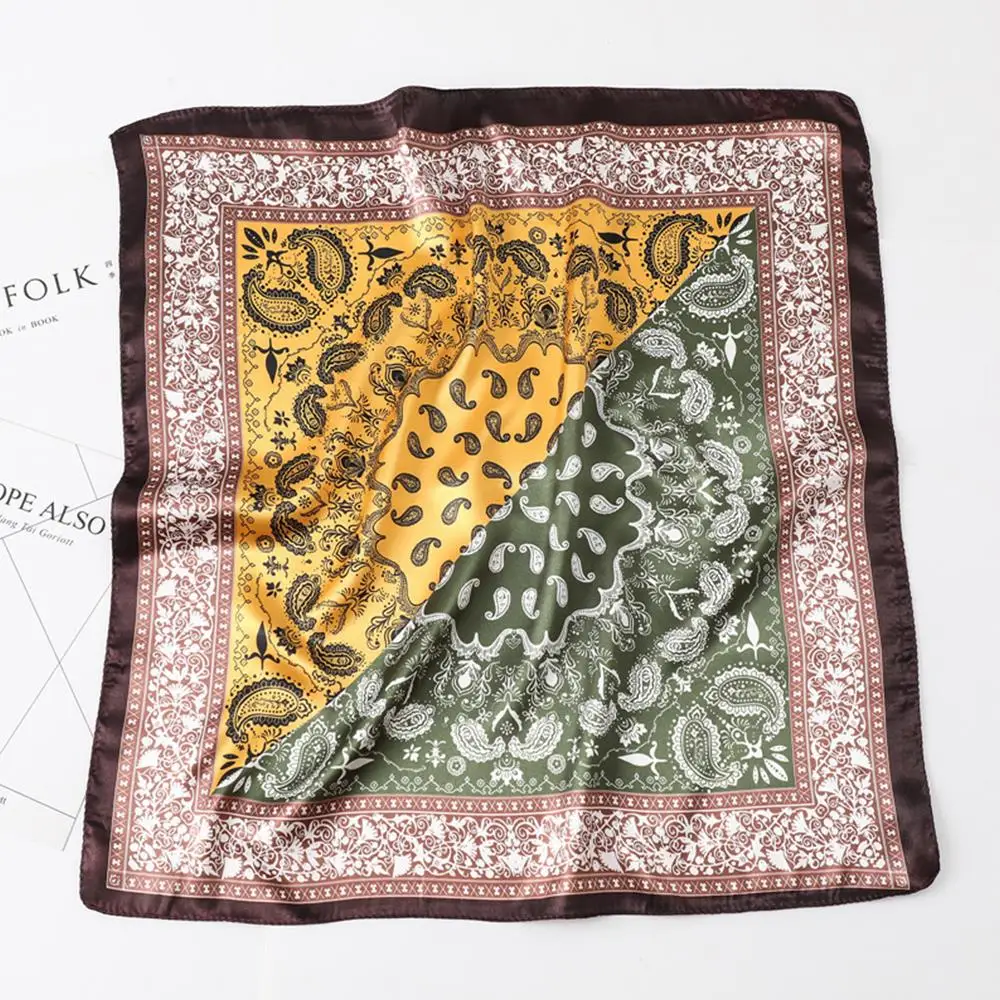 

Neck Hair Scarves Silk Satin Bandana Head Scarf Splicing Colors Turban Headband Cashew Flower Hijab Scarves Soft Handkerchief