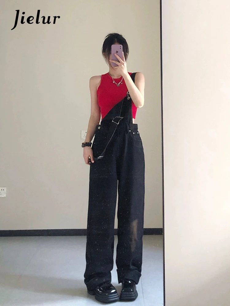 Jielur Autumn New American Slim Loose Women Overalls High Waist Retro Straight Jeans Female Black Casual Street Chic Jeans Woman