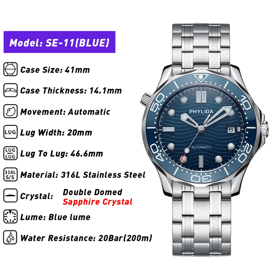 PHYLIDA 20BAR 200M Water Resistant Blue Wave JAPAN MIYOTA