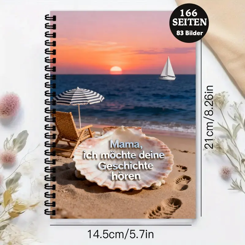 German“Mom, please tell me your story”Notebook -Memory Book Diary with Beach Sunset Design,Perfect Mother's Day or Birthday Gift