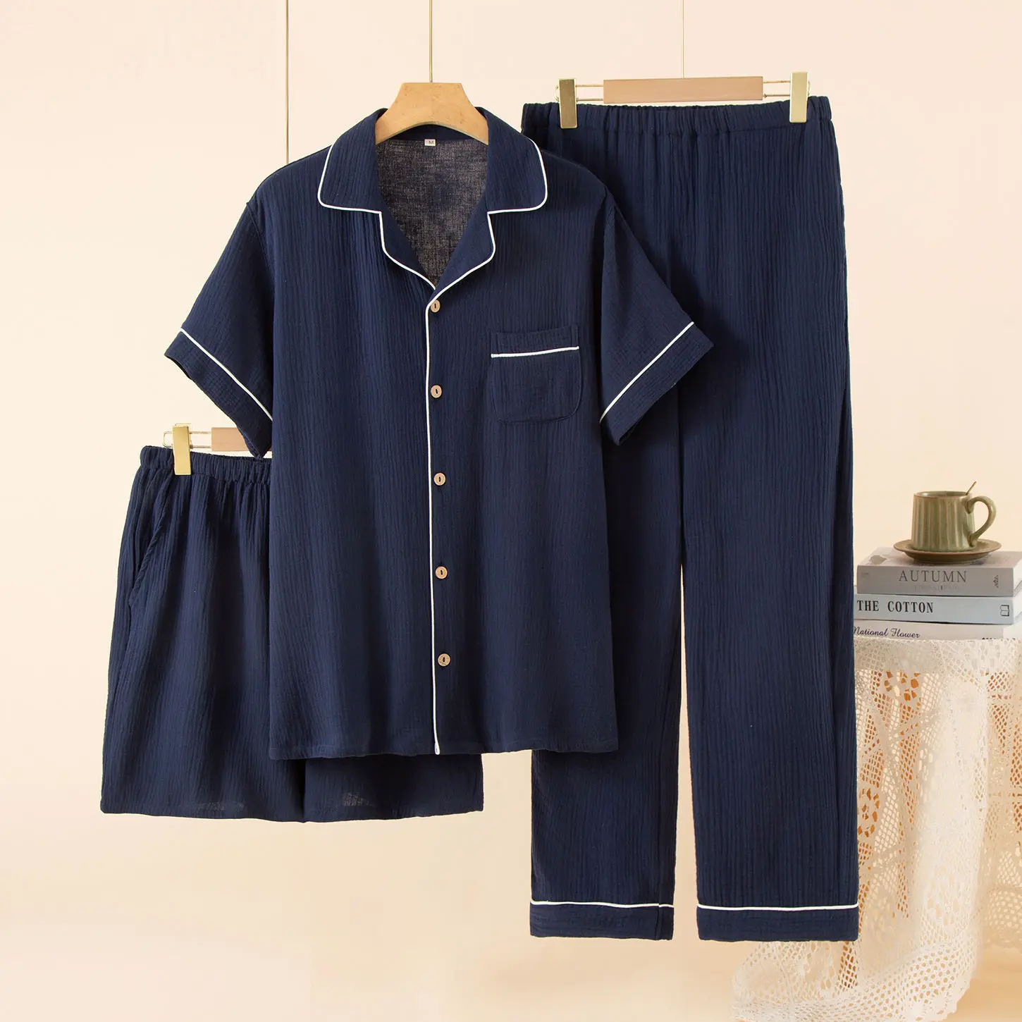 Thin Men's Summer Pajamas Set Short Sleeve Sleepwear Cotton Long Sleeve 3 Pieces Pyjama Set Man Loungewear Loose Homewear