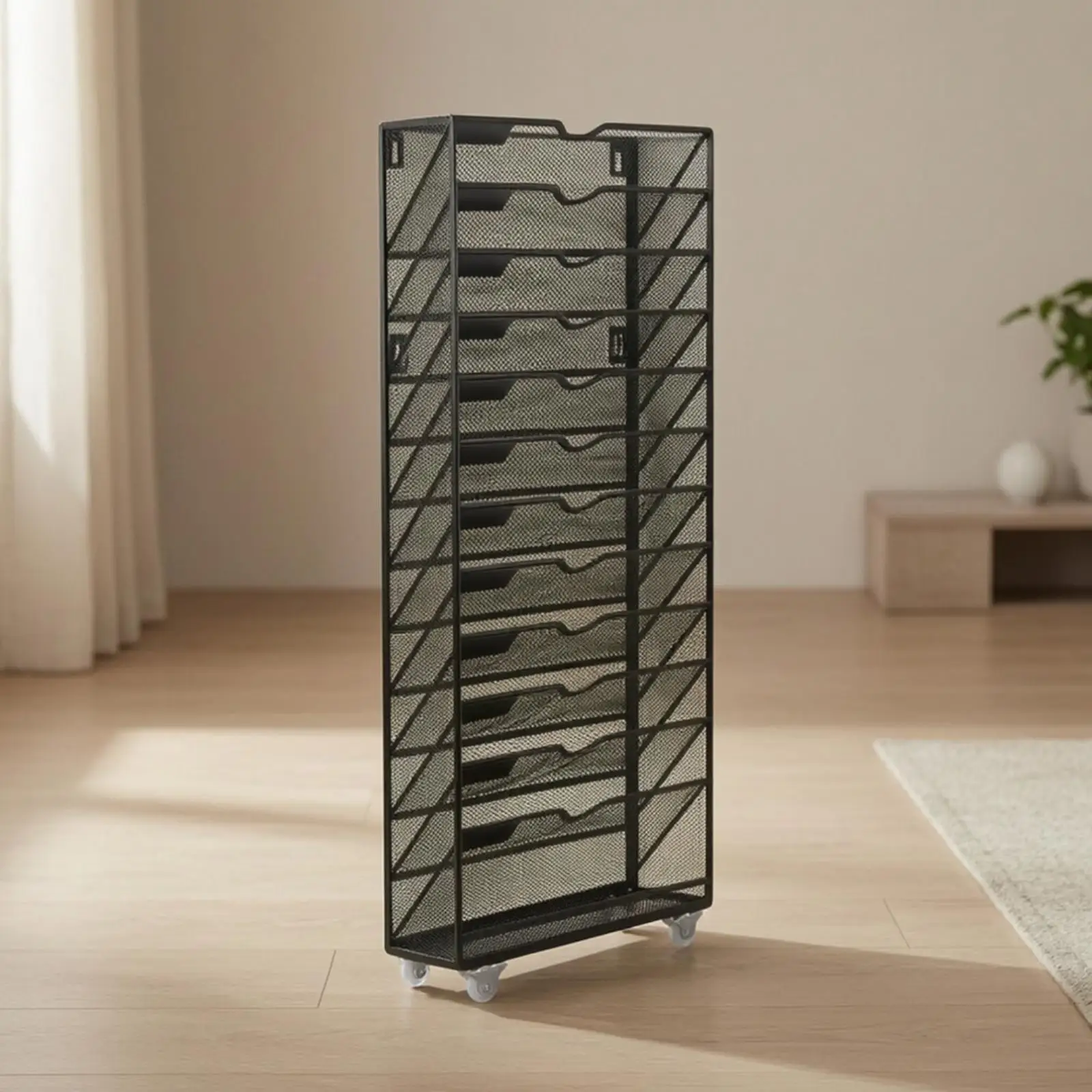 Portable Metal Book Shelf Organizer with Rolling Casters for Office File Storage and Display