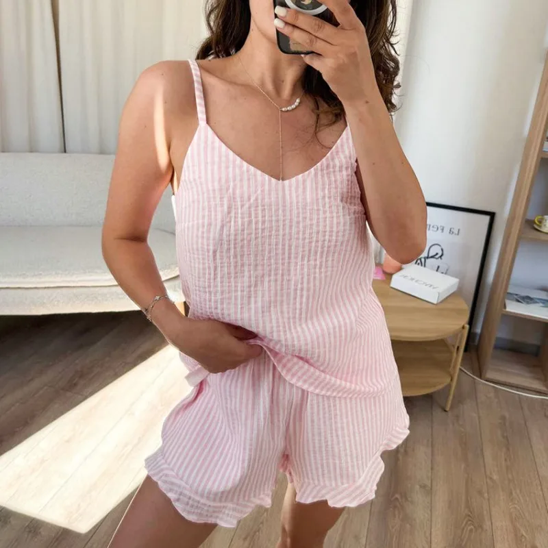 

Crinkle Cotton Pajama Set INS Causal Striped Print Cami To Shorts Soft Summer Simplicity Fashion Breathable Women's Loungewear