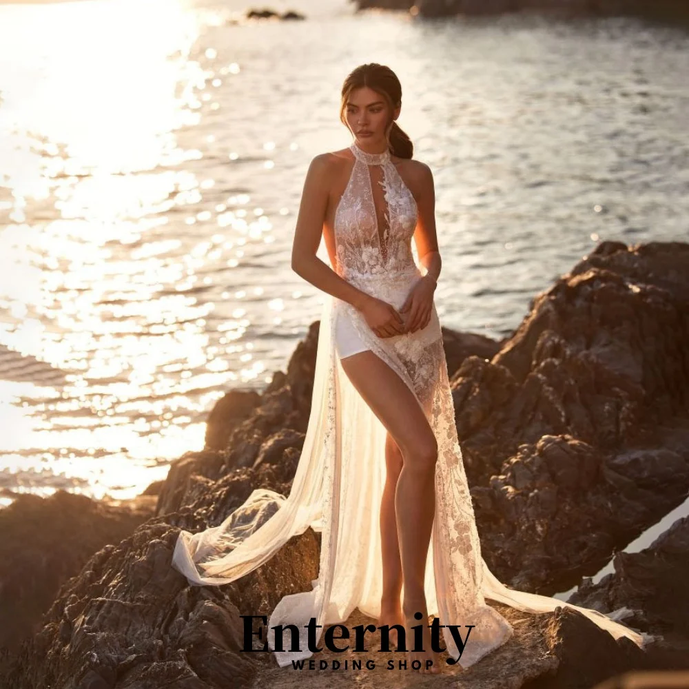 

Customized Zipper Wedding Dress Elegant Halter Neck Sleeveless For Women Charming Lace Applique Bridal Gown Vestidos De Novia