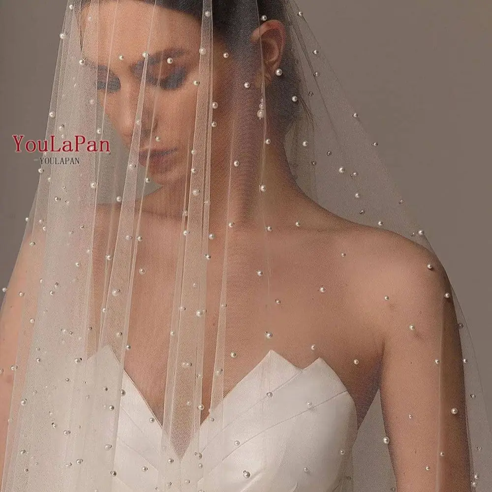 YouLaPan V09L Pearls Bridal Veils with Blusher Long Bridal Veils 2 Layers 5M*3M Veu de Noiva Elegant Cathedral Veil Free Shippin