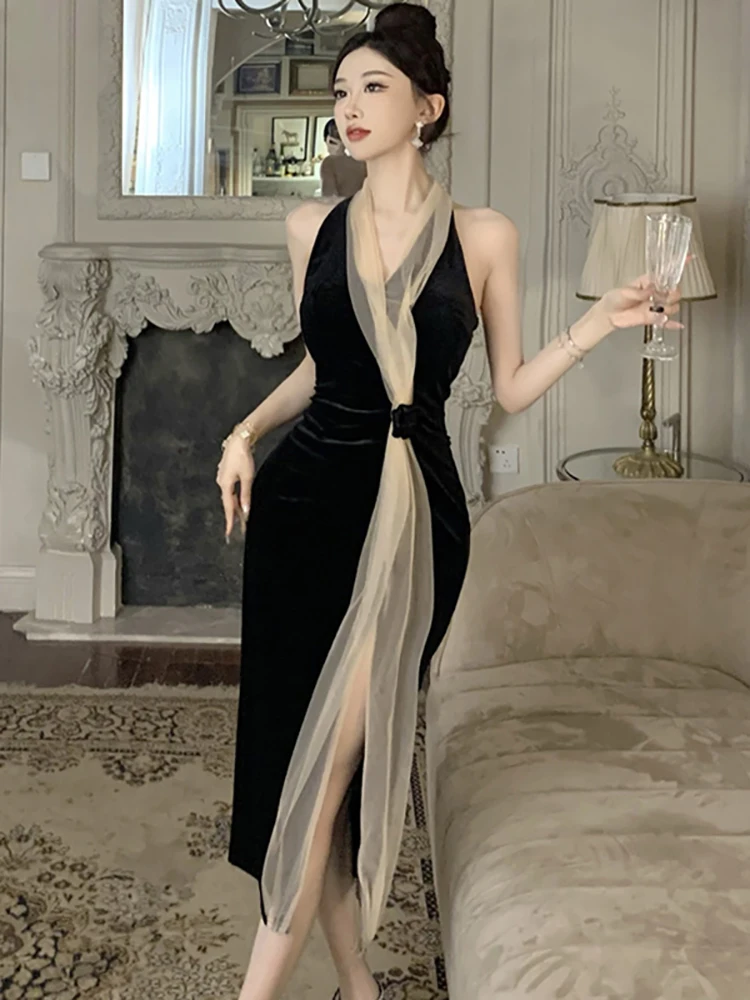 Otoño Invierno vestido de malla de retales de terciopelo rosa mujer elegante vestido Sexy montado en el cuello 2025 vestido de fiesta de lujo Vintage coreano