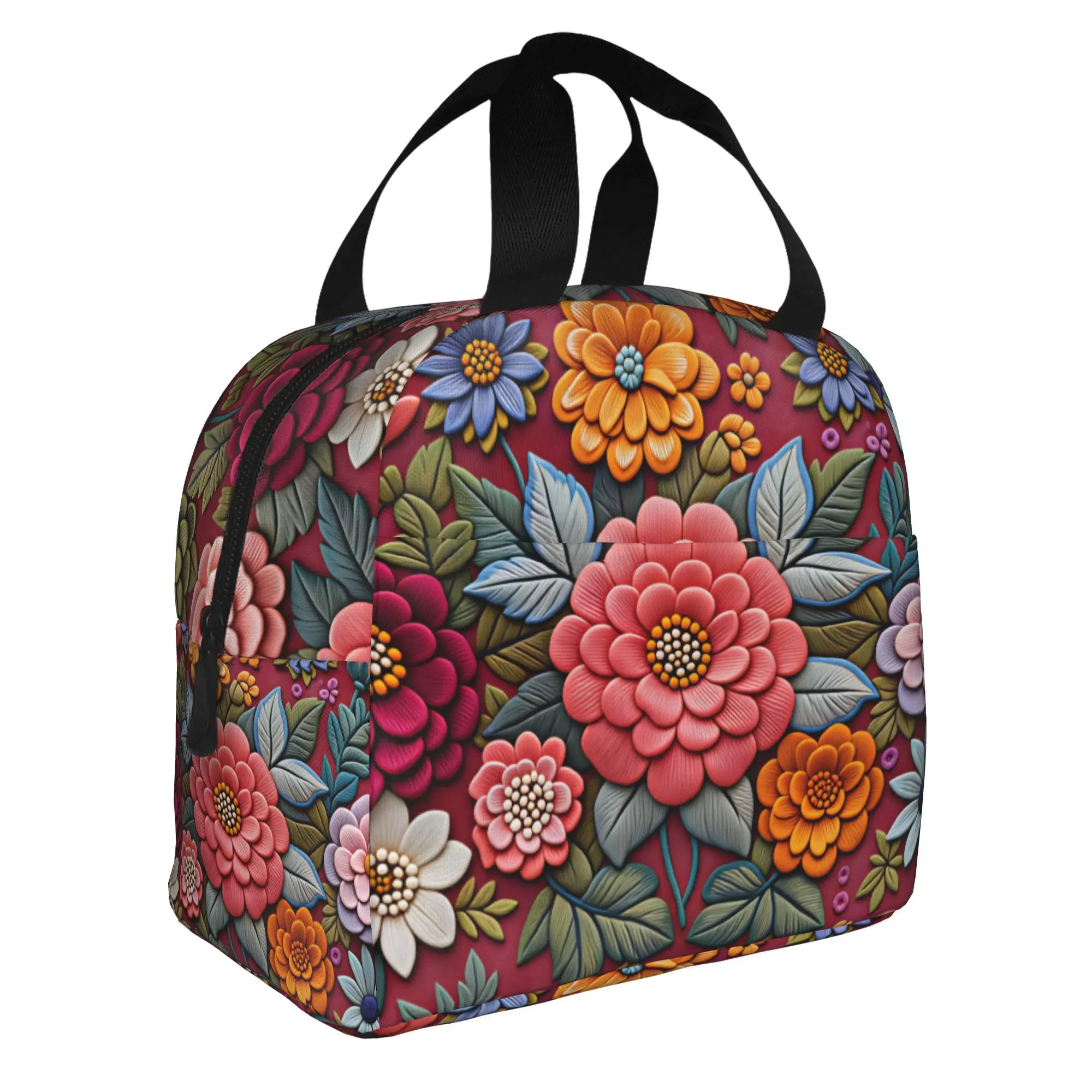 Luxury High Blooming Various 3D Floral Insulated Lunch Bags for Trend Floral Portable Thermal Cooler Food Lunch Box Camping