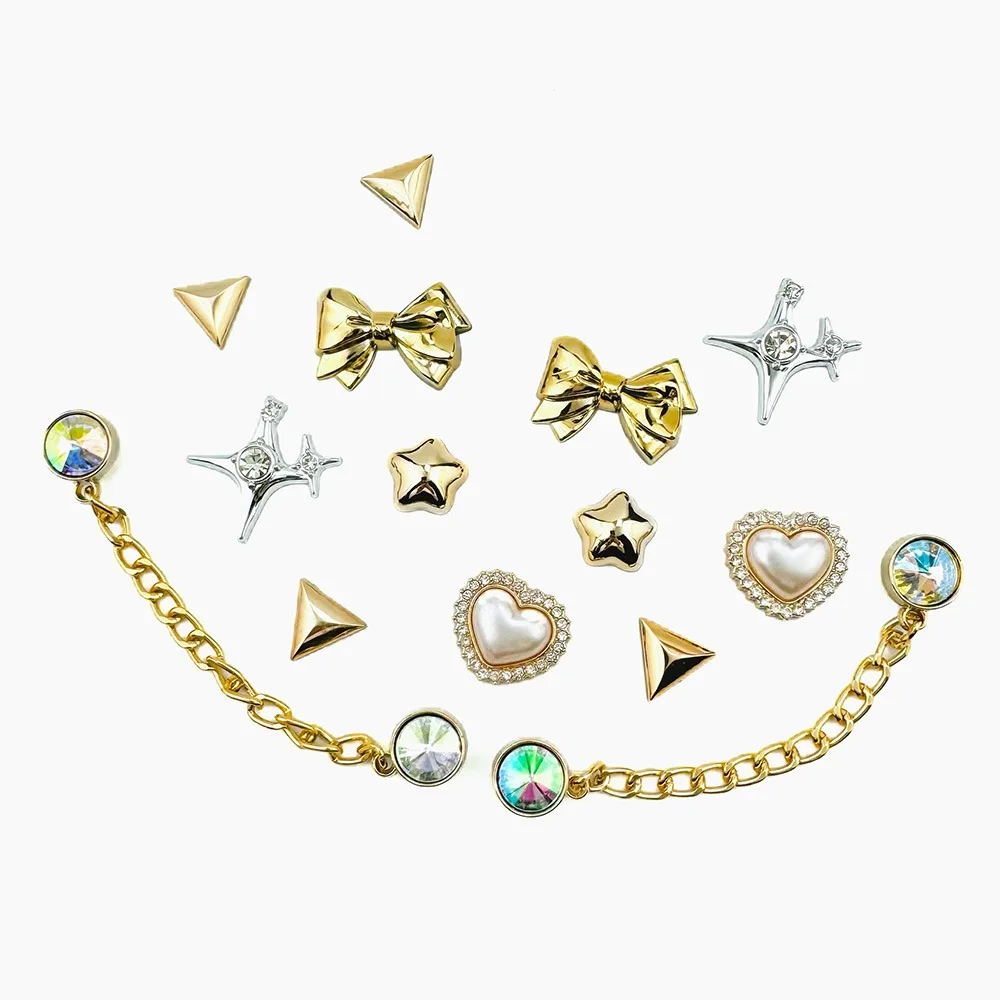 14PCS Shoe Charms Set Bow Shaped Heart-shaped Pentagram Diamond Chain Shoe Decorations Buckle for Sandals Clogs DIY Accessories