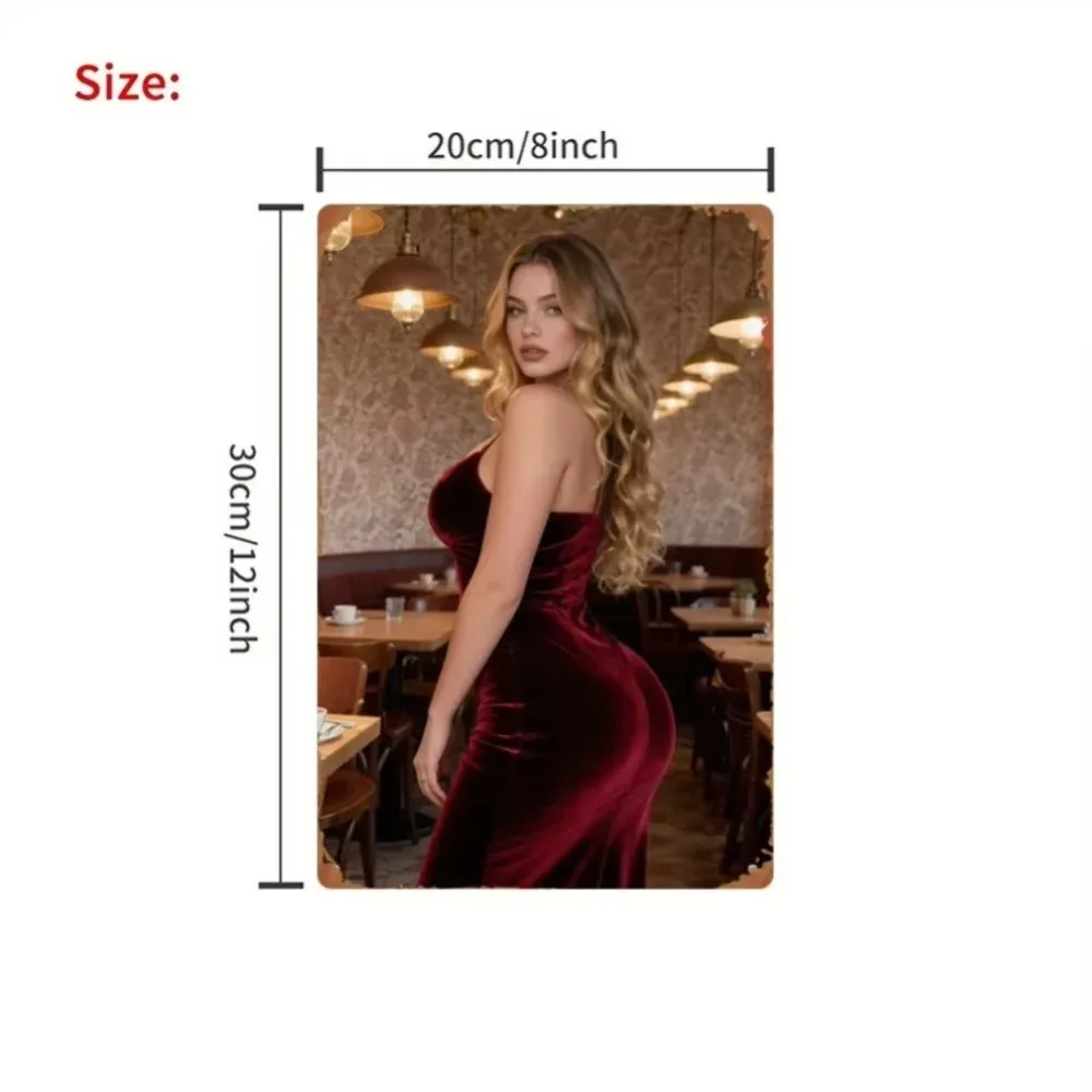 CIFBUY Blonde Woman Red Velvet Dress Vintage Metal Sign 2D Flat Printing Aluminum Wall Art Retro Cafe Bar Decor Gift Tin Plaque
