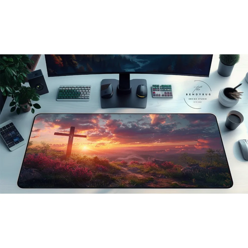 Sunset Cross Desk Mat: Religious Christian Mouse Pad decoração setup gamer mouse pad grande accesorios escritorio