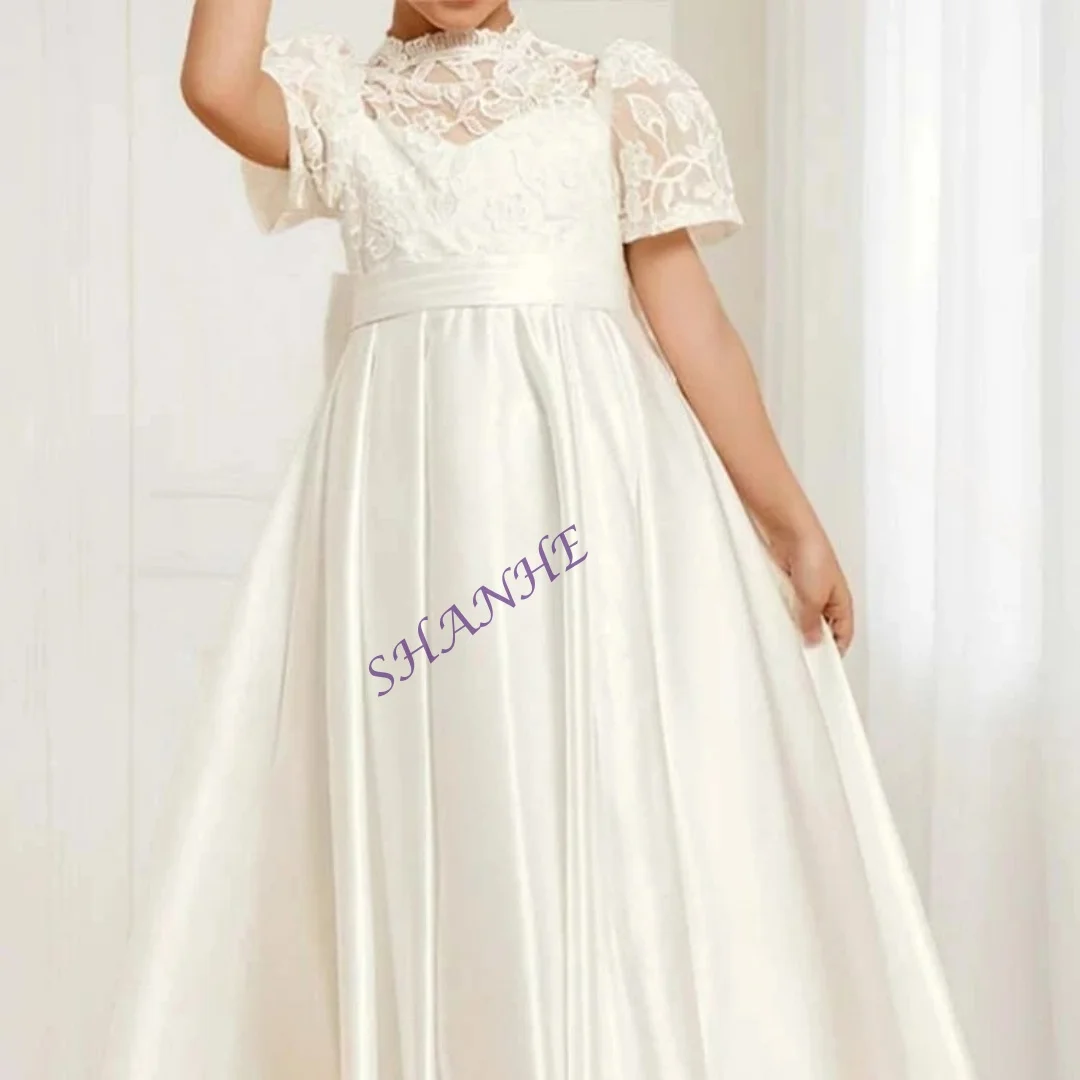 CustomizedCustomized Girls Princess Flower Girl Dress for Wedding 2-14 Kids Ivory Lace Satin First Communion Dress Ankle Length