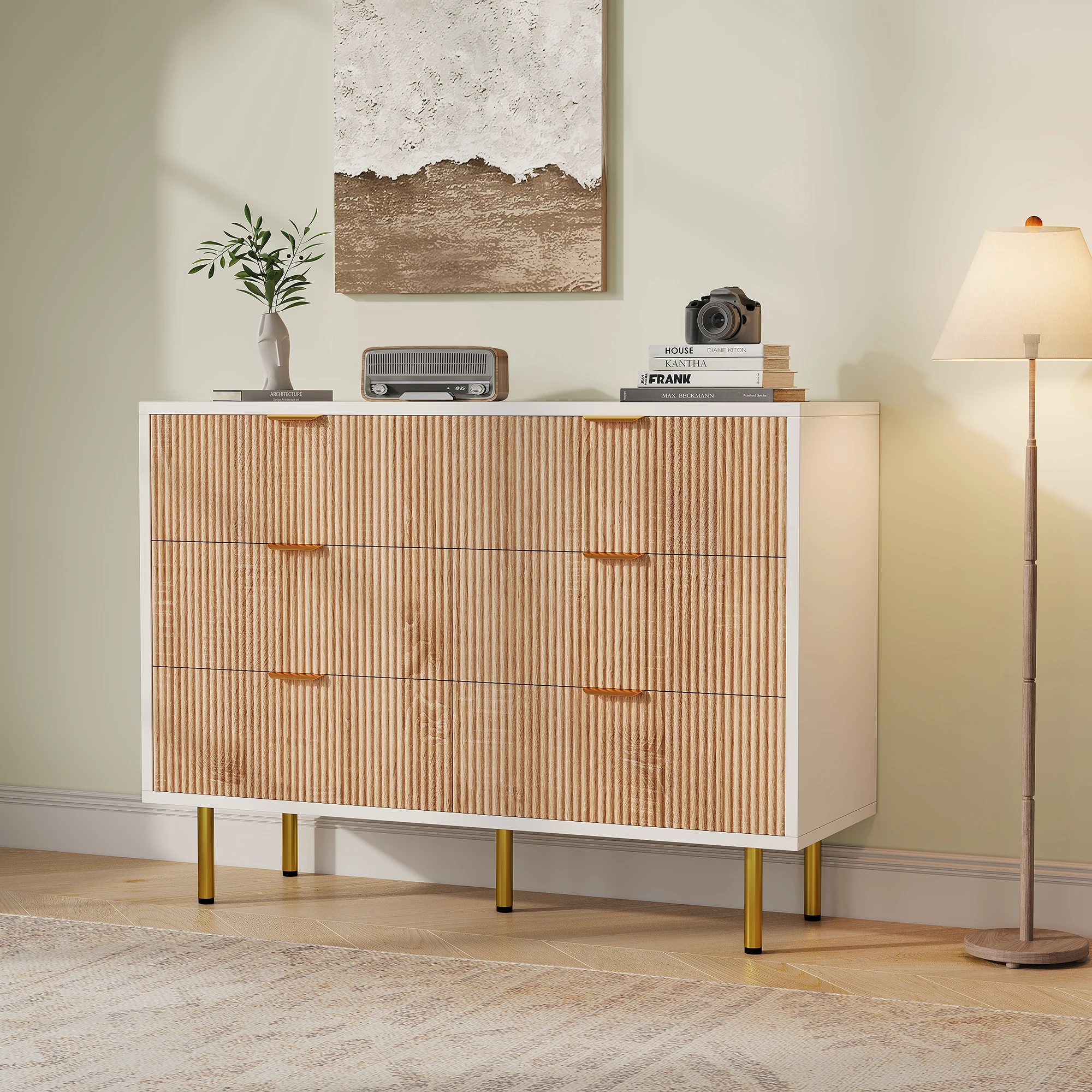 Anajqaqia Schrank mit 6 Schubladen, Holzmöbel, Kommode, Metallbeine, Kippschutz-Design, geeignet für Wohnzimmer und Schlafzimmer