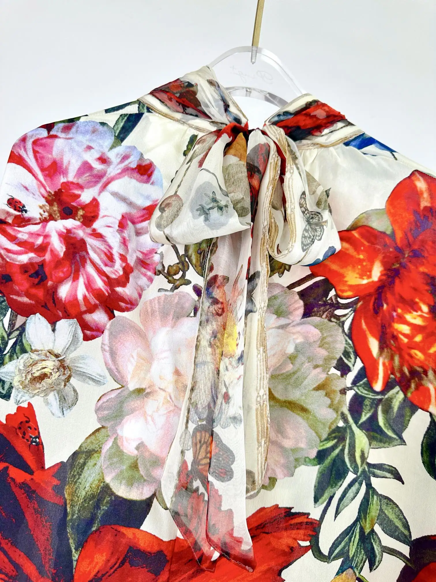 Women Stand Collar Lace-up Flower Printed Full Sleeve Silk Mini Dress