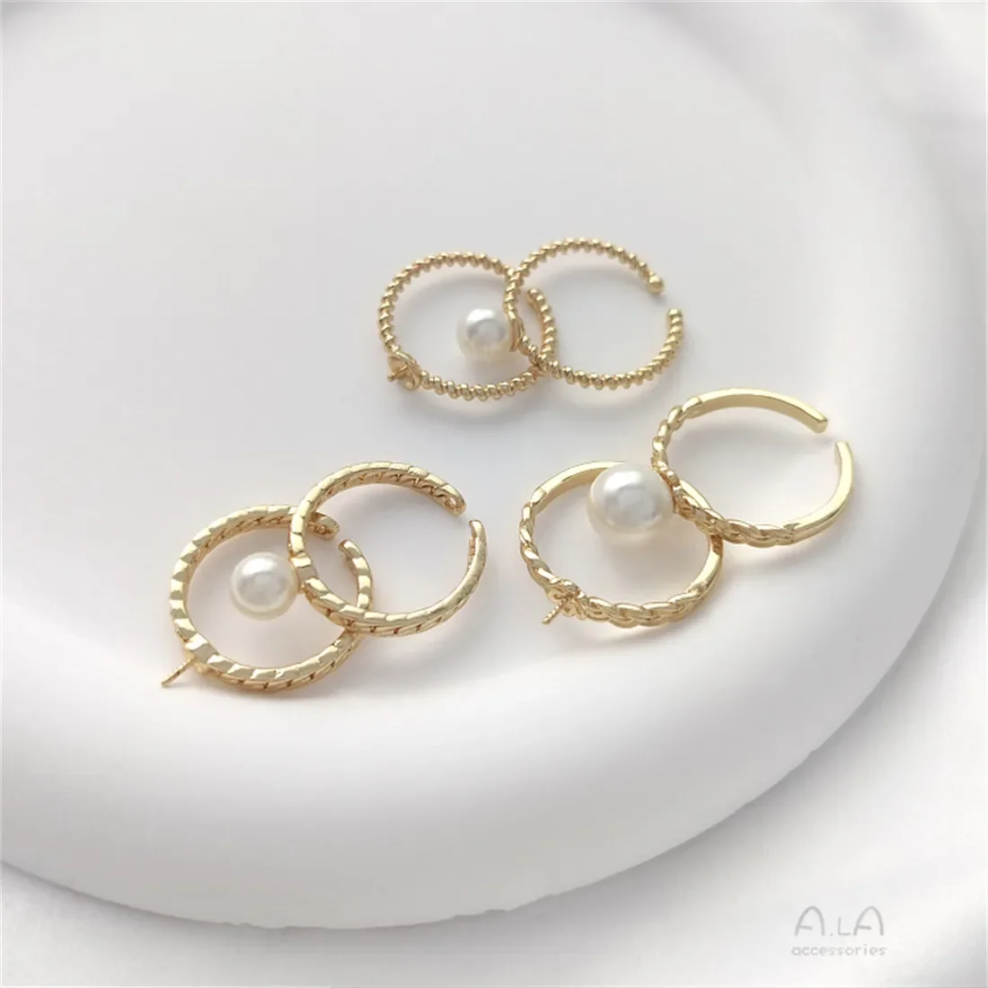 

14K Gold-Color Half-hole Bead Holder Ring, Twist Ring Setting, DIY Sticky Pearl Open Ring Ring, Handmade Material B708