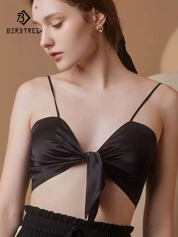 BirdTree, 100%Real Silk French Bra For Women, Small Chest Bow Lace-up, Solid Sexy Elegant Underwear, 2024 Summer New P42945QC