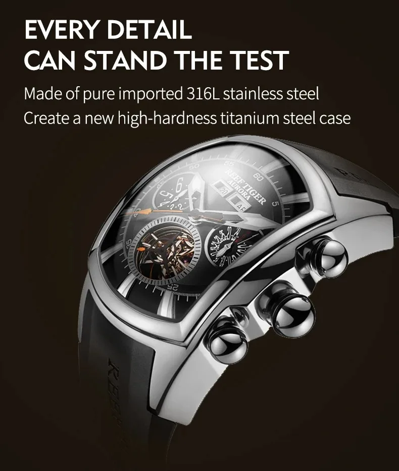 Reef Tiger Men Automatic Watch 47mm Tonneau Case Sport Mechanical Wristwatch Skeleton Luminous Multi Dial Month Week Date
