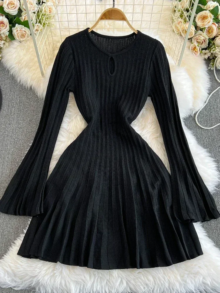 Autumn Warm Knitted Hepburn Dress Women Chic Elegant O-Neck Solid Mini Dress Female French Sexy Fashion Elastic Slim Sweater New